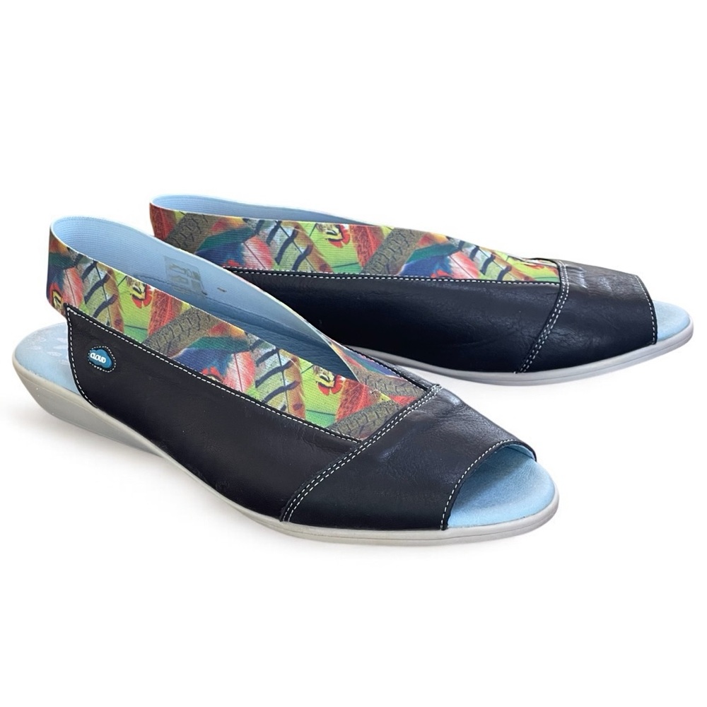 CLOUD Footwear Caliber Black Leather Multicolor Wedge Slingback Sandal Sz 41 9.5